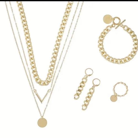 4 Pce Trendy Chunky Chain Jewelry Set Necklace Earrings Bracelet Ring Gold Color - Picture 4 of 5